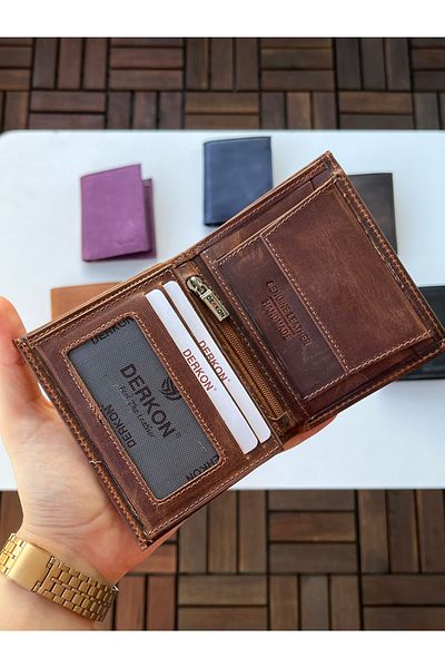 DERKON 100% Genuine Crazy Leather Murpy Model Wallet Tan Color