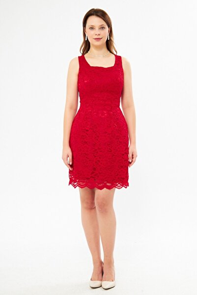 Bidoluelbise Kırmızı Fransız Dantel Geniş Askılı Kare Yaka Mini Abiye Elbise