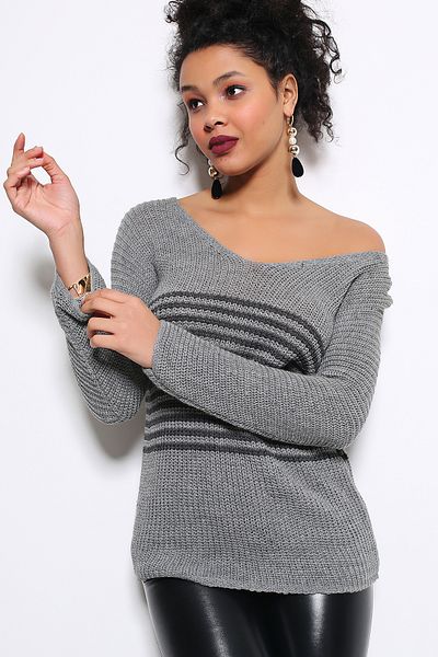AVORWE Thessaloniki Knitted Front Back V-Neck Striped Knitwear Sweater