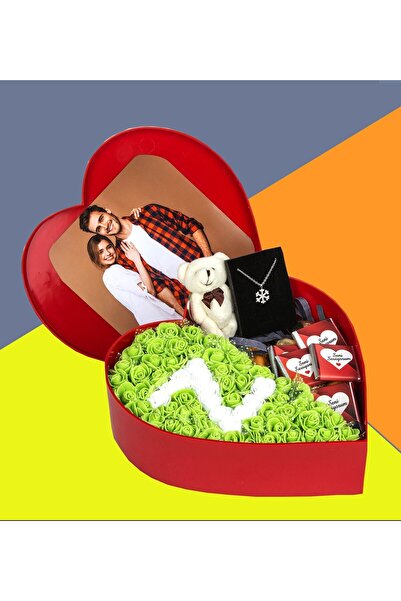 GİFTSTİME Baş Harfli Fotoğraflı New kalp kutu Çiçek Çikolata Buketi Ayıcık An...