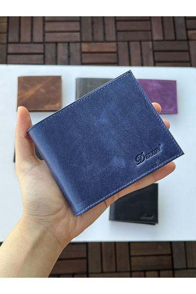 DERKON 100% Genuine Crazy Leather Morry Model Wallet Navy Blue