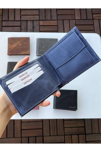 DERKON 100% Genuine Crazy Leather Morry Model Wallet Navy Blue