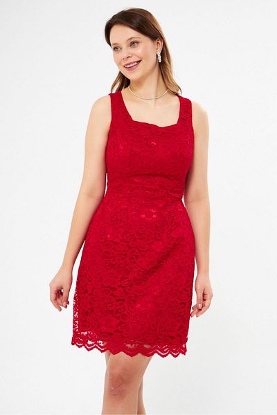 Bidoluelbise Red French Lace Wide Strap Square Collar Mini Evening Dress