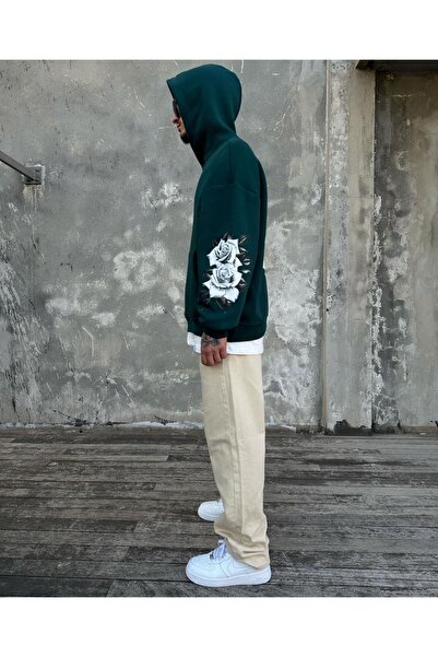 Benisengiydir Green Live in Themoment Printed Oversize Hooded Sweatshirt Unisex