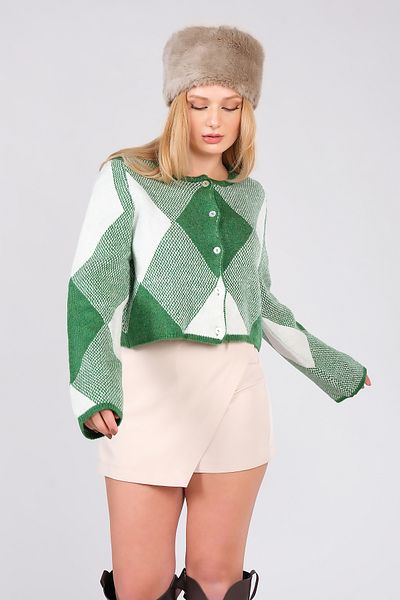 Giyim Dünyası Tricotaj scurte de damă cu model Argyle Cardigan verde
