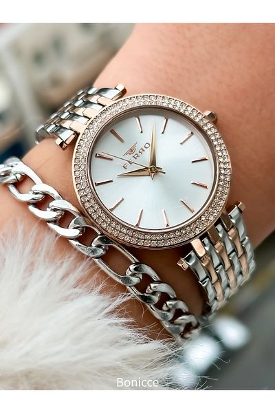FERRO Rose/silver Color Steel Strap, Water Resistant, Guaranteed, Women's Wristwatch+bracelet