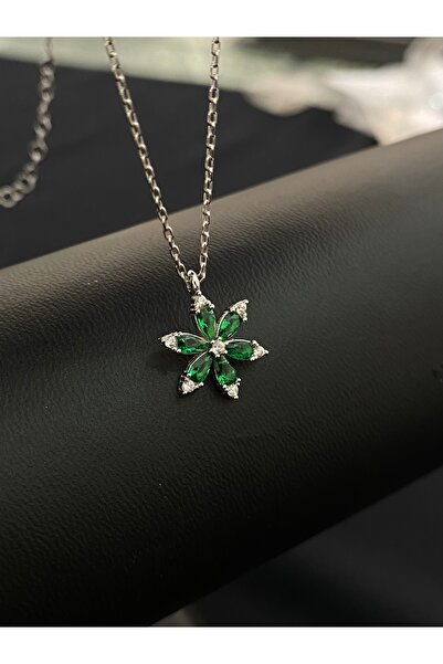 Kiriş Gümüş 925 Ayar Gümüş Yeşil Renk Çiçek Kolye