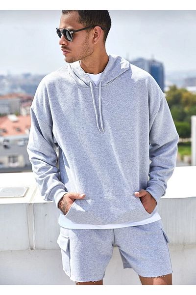 Moda Işık Φούτερ Γκρι Unisex με κουκούλα με τσέπη καγκουρό