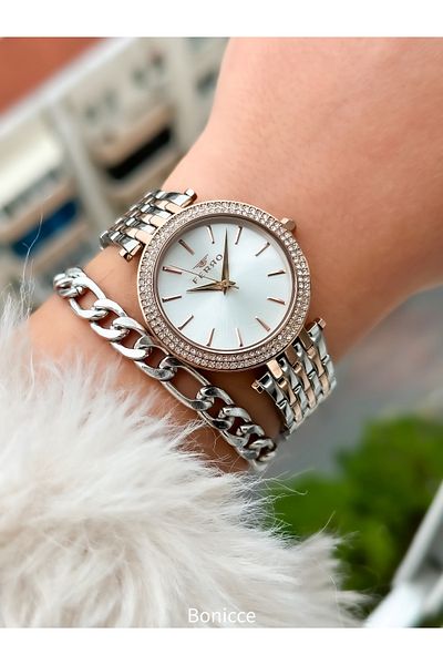 FERRO Rose/silver Color Steel Strap, Water Resistant, Guaranteed, Women's Wristwatch+bracelet