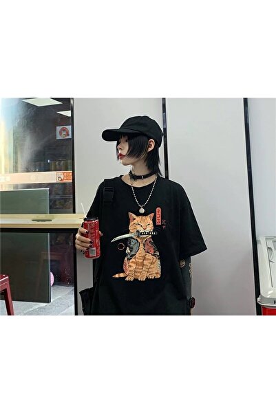 Le Savu Μπλουζάκι Killer Cat με τύπωμα Μαύρο Χρώμα Unisex oversized Le Savu