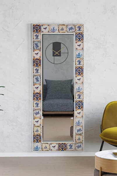 bluecape Selanik Etnik Çini Seramik Beyaz 60x148 cm Doğal Ağaç Çerçeveli Duva...