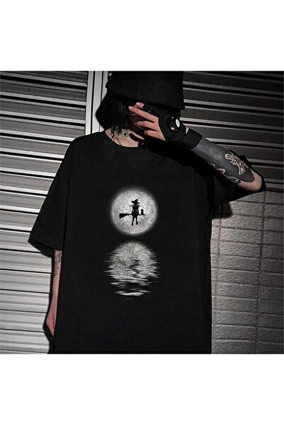 Le Savu Хелоуин вещица на Луната, отпечатана върху черна унисекс тениска с го...