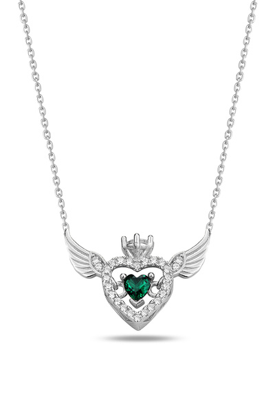 KAR DİAMOND Gümüş Rodyumlu Zümrüt Yeşil Taşlı Melek Kanatlı Tek Taş Kalp Mode...