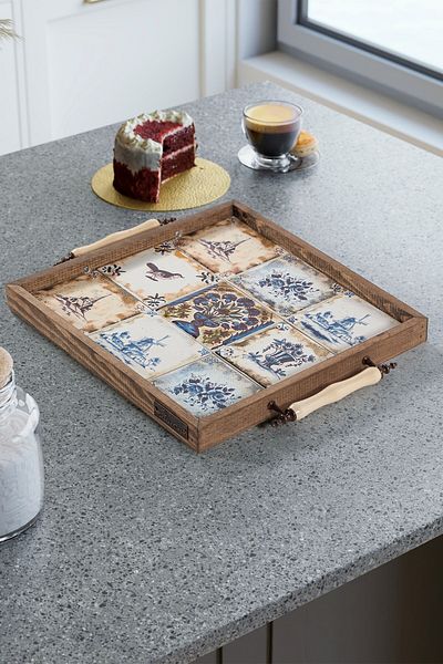 bluecape Thessaloniki Ethnic Tile Ceramic Natural Wood Framed 32x32 cm Serving Presentation Tray