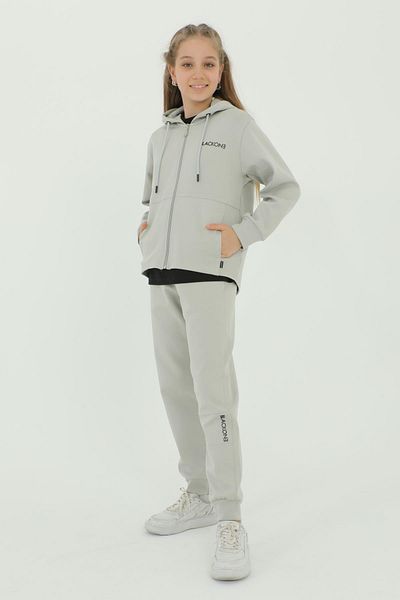 Black One Hooded Zippered Print Detailed Girl's T-Shirt Triple Bottom Top Tracksuit Set