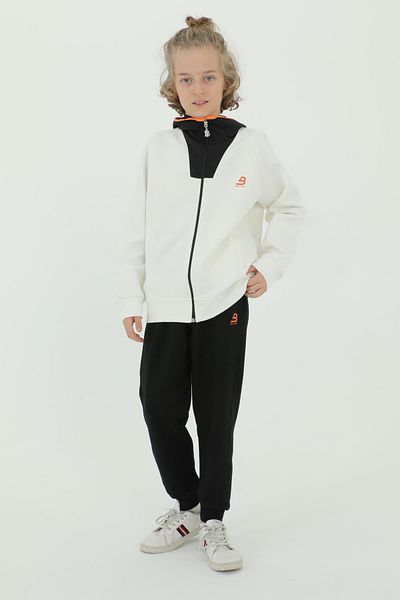 Black One Hooded Zippered Print Detailed Double Pocket Boy's 2-Piece Top and Bottom Tracksuit Set