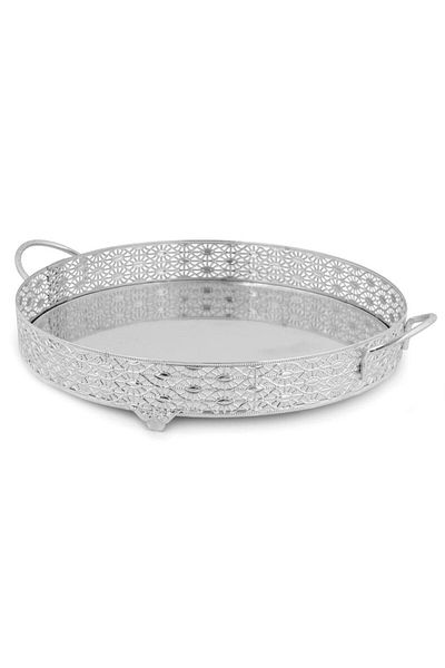 HELVACIOĞLU AKSESUAR Small Size Patterned Round Mirrored Chocolate Presentation Tray with Handle 20 cm Silver