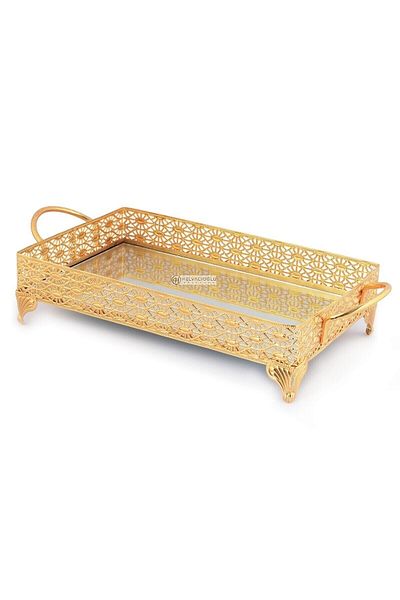 HELVACIOĞLU AKSESUAR Medium Size Rectangular Patterned Mirrored Sweet Presentation Tray 26X35 cm Gold