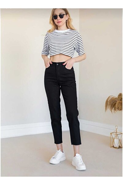 Livik Lycra Colorfast Extra Comfortable Black High Waist Jeans Mom Jean Black Mom