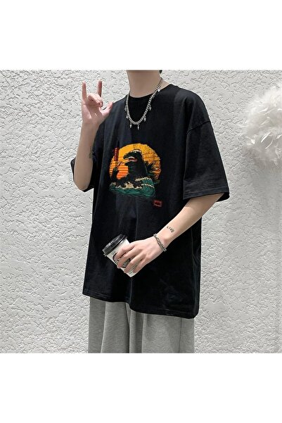 Le Savu Μπλουζάκι Godzilla Sushi με τύπωμα Μαύρο Χρώμα Unisex oversized Le Savu