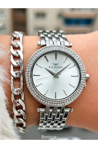 FERRO Stoned Silver Steel Cord Waterproof Women's Wristwatch + Bracelet