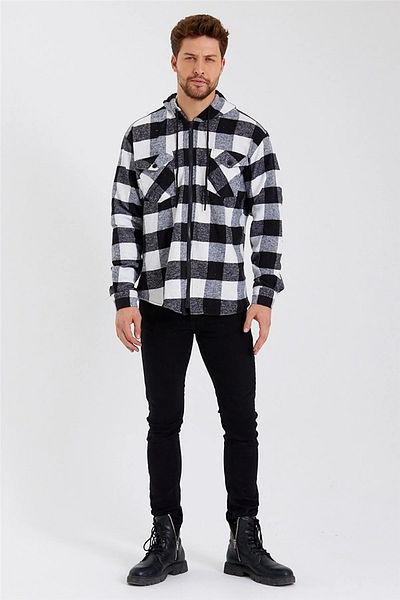 YNGMENCLASS Кашмирена карирана риза Lumberjack с качулка, джоб и цип, вталена