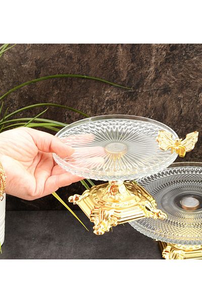 HELVACIOĞLU AKSESUAR Παρουσίαση Footed Butterfly Glass 16 cm Gold - Μπισκότα, Κέικ, Πιάτο Παρουσίασης Τούρτας