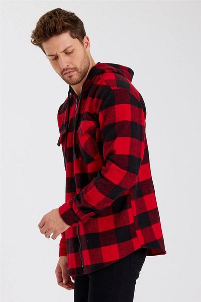 YNGMENCLASS Кашмирена карирана риза Lumberjack с качулка, джоб и цип, вталена