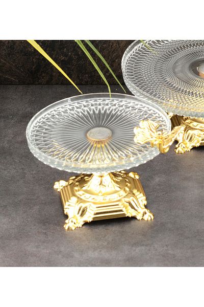 HELVACIOĞLU AKSESUAR Παρουσίαση Footed Butterfly Glass 16 cm Gold - Μπισκότα, Κέικ, Πιάτο Παρουσίασης Τούρτας