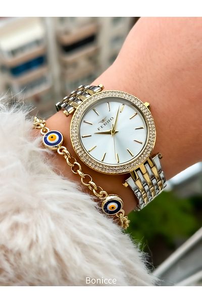 FERRO Stoned Gold Steel Cord Waterproof Women's Wristwatch + Bracelet