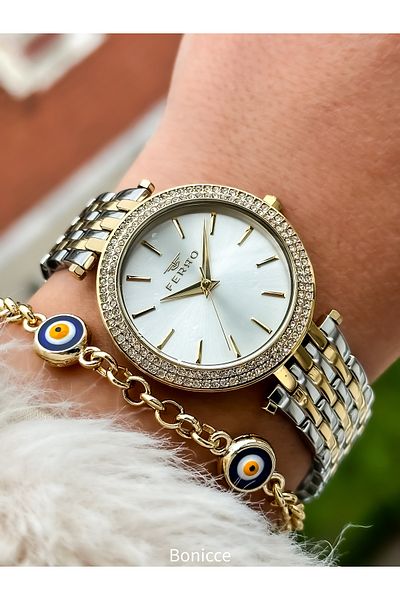 FERRO Stoned Gold Steel Cord Waterproof Women's Wristwatch + Bracelet