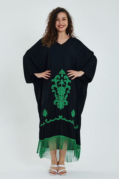 AYASOFYA OTANTIK Women's Black Ethnic Embroidered Skirts Fringed Oversize Loose Dress