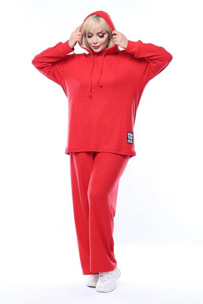 MJORA Red Wide Fit Knitted Ribbed Bottom-Top Large Size Set