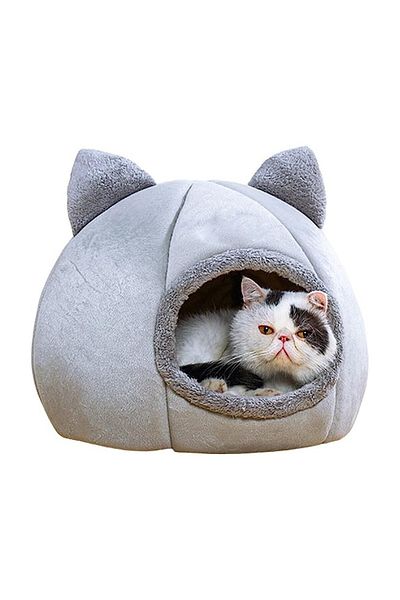 TİNEKE Cat House Soft Cat Bed with Pumpkin Design Deep Sleep and Winter House Removable Cushion Gray