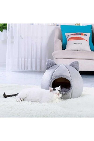 TİNEKE Bal Kabağı Tasarımlı Kedi Evi Yumuşak Kedi Yatağı Derin Uyku Ve Kış Evi Çıkartılabilir Minder Gri