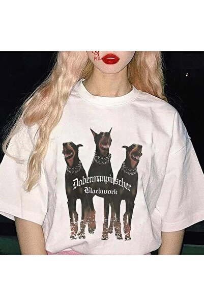 Le Savu Dobermans με τύπωμα Λευκό Χρώμα Unisex oversized T-shirt Le Savu
