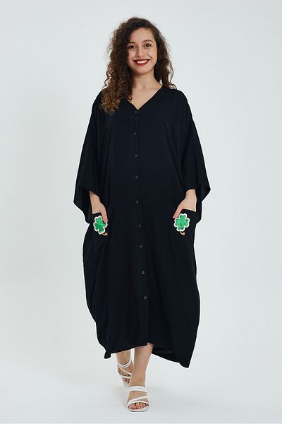 AYASOFYA OTANTIK Women's Black Applique Embroidery Detailed Oversize Loose Dress with Pockets