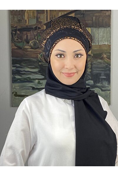 BUTİKAMBAR Çarkıfelek Model Taşlı Kemerli Parlak Bakır Leopar Desen Siyah Atk...