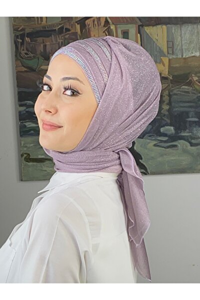 BUTİKAMBAR Lüks Topkapı Model Taşlı Simli Kısa Abiye Açık Lila Hazır Şal - Lila - BUTİK AMBAR