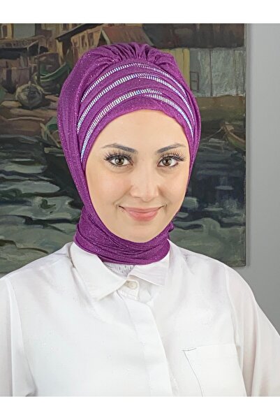 BUTİKAMBAR Lüks Topkapı Model Taşlı Simli Kısa Abiye Orta Mor Hazır Şal - Mor...