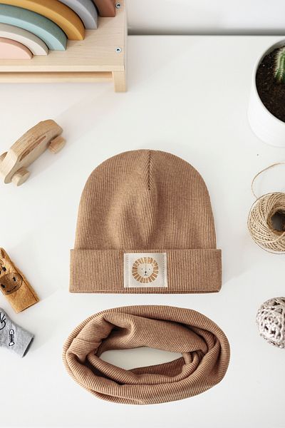 Doğan Collection Ribbed Lion Label Beanie Neck Collar Set
