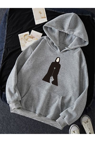 donamod Unisex Gray Harry Potter Severus Hogwards Designed Print Patterned Hooded Sweatshirt