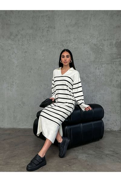 Elif Özbey Butik Λευκό μαύρο ριγέ πλεκτό γιακά φόρεμα