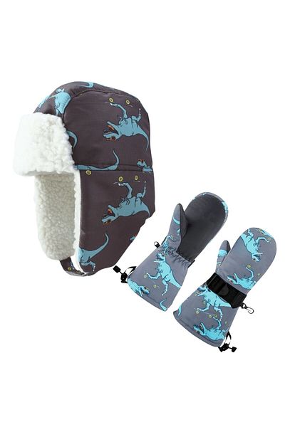 Petityu waterproof boy beret gloves set 2-4 years old skiing snowboarding beanie gloves gray blue Dino