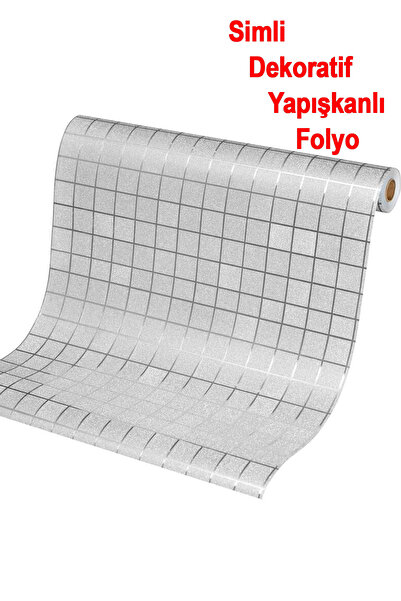 Örtücüm 45 Cm X 1 Metre Gümüş Simli Parlak Kare Desenli Dekoratif Yapışkanlı Folyo Kaplama Kağıt