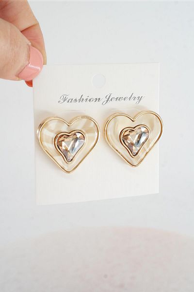By Zeyna Aksesuar Women's Vip Series Pearlescent Zircon Stone Heart Model Enamel Earrings Set