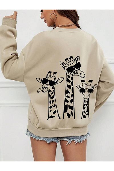 AEMİ Unisex Giraffe Printed Crew Neck Oversize Μπεζ φούτερ με στάμπα στην πλάτη
