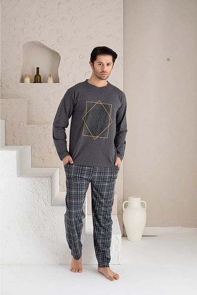 Leyal İç Giyim Men's Plaid Patterned Long Sleeve Crew Neck Pajama Set