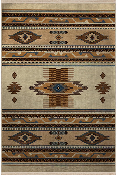 Rugs Modern Halı Bej Kahve Temalı Geleneksel Motif Etnik Desenli Saçaklı Vint...