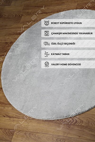 Valery Home Vl Yuvarlak Comfort Overloklu Peluş Halı Gri